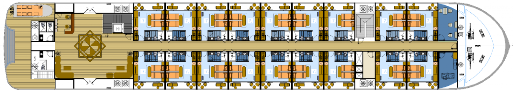 Floor plan of the River Deck showing the staterooms layout
