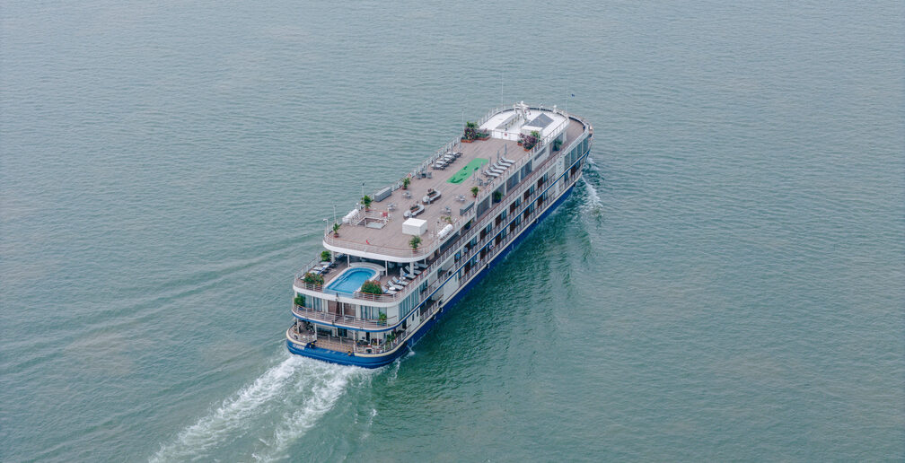 Aerial view of the Victoria Mekong sailing on calm water